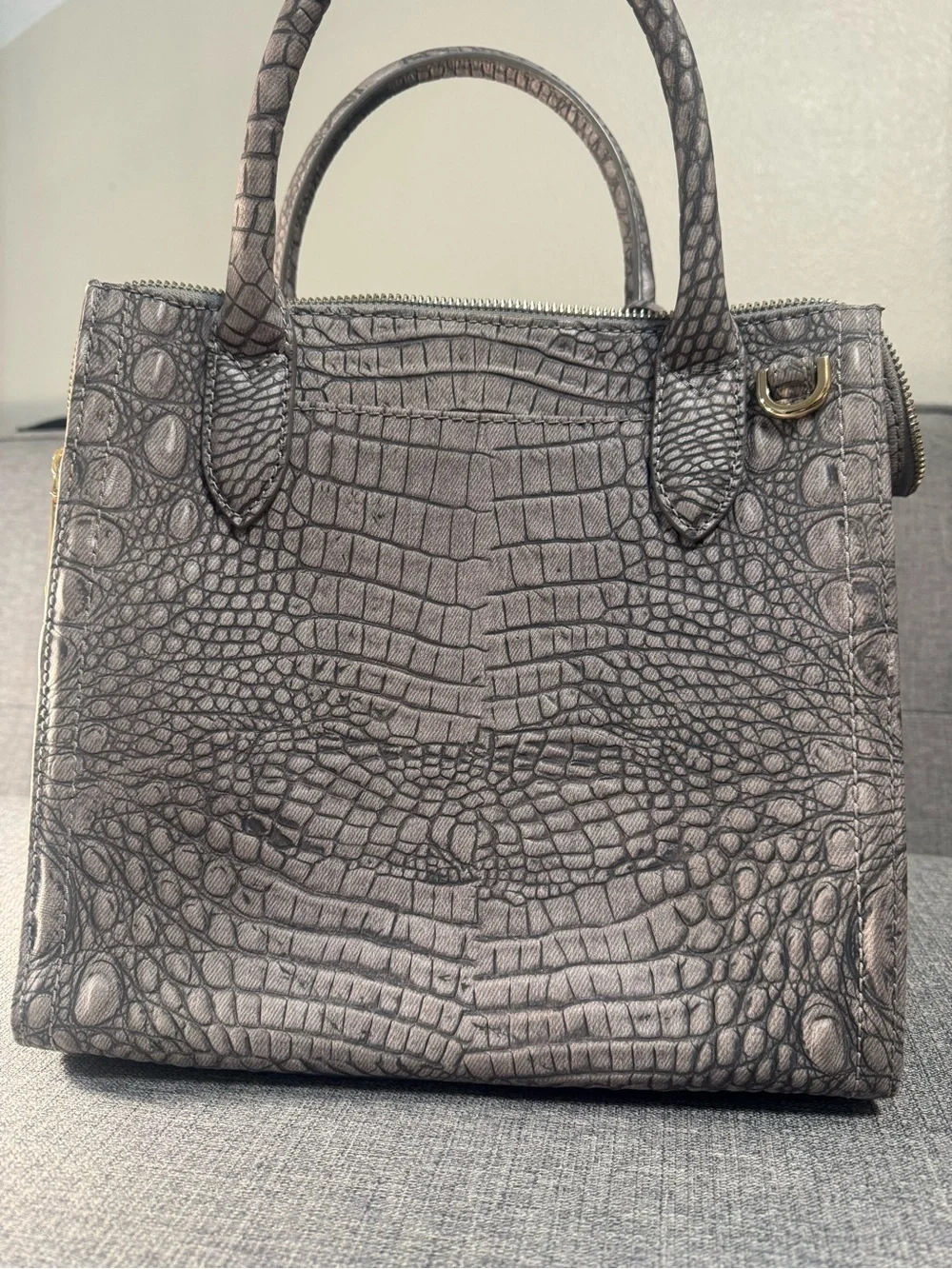 Brahmin Medium Metallic Gray Croc-Embossed  Satchel